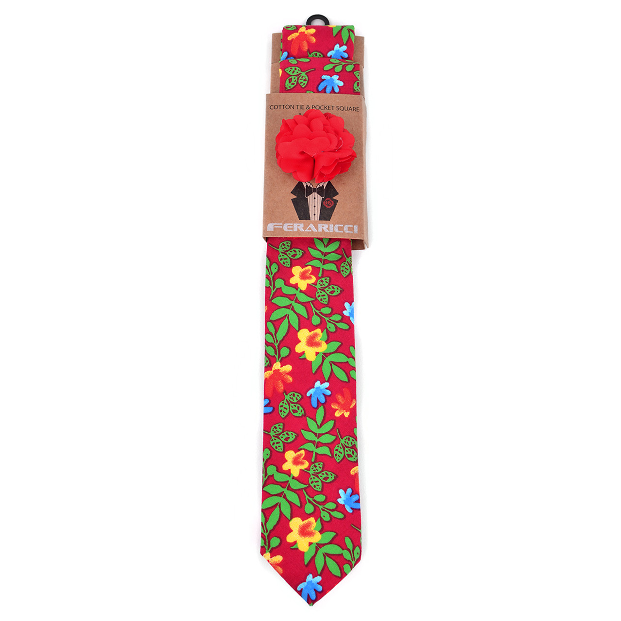 Men's Bright Floral Cotton Skinny Tie w/ Hanky and Flower Lapel Pin -  CTHL1707