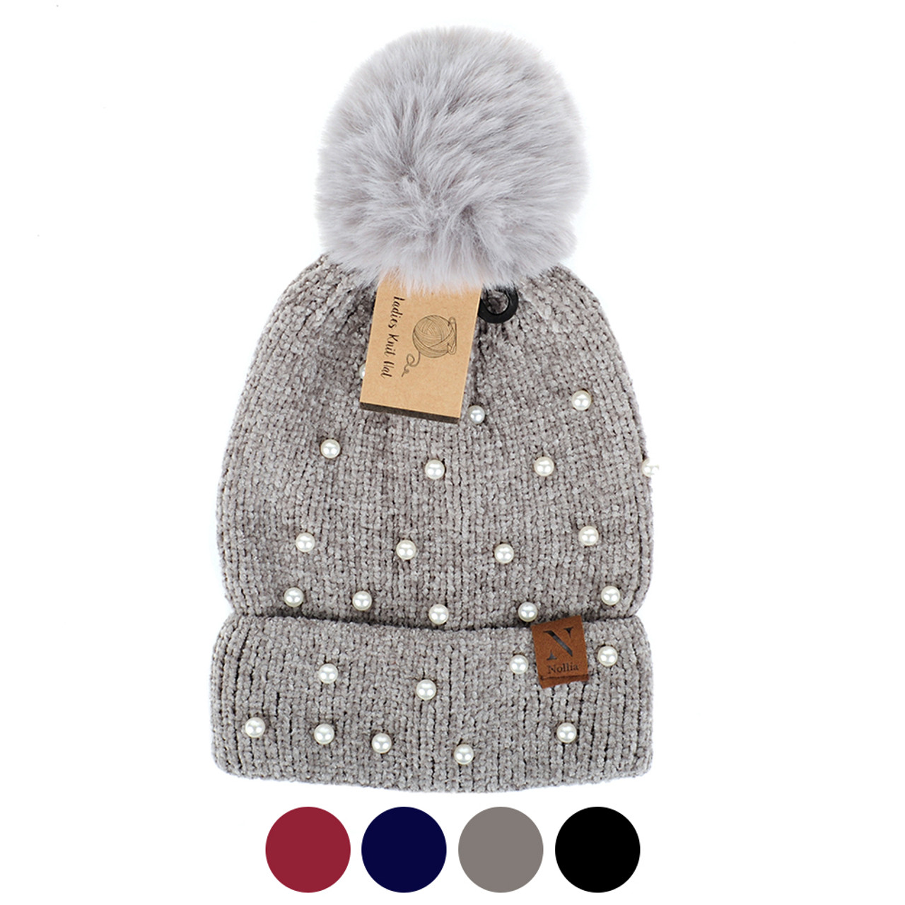 Women's Pom Pom & Pearls Knit Winter Hat - LKH5034