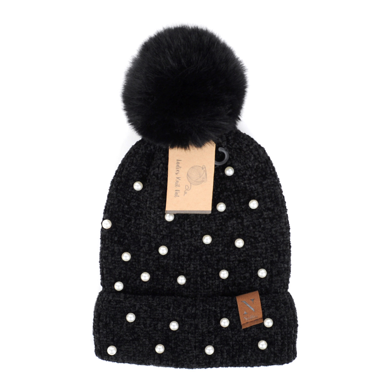 Black and pearl beanie Pom Pom winter hat – Sweeter Hallelujah Boutique