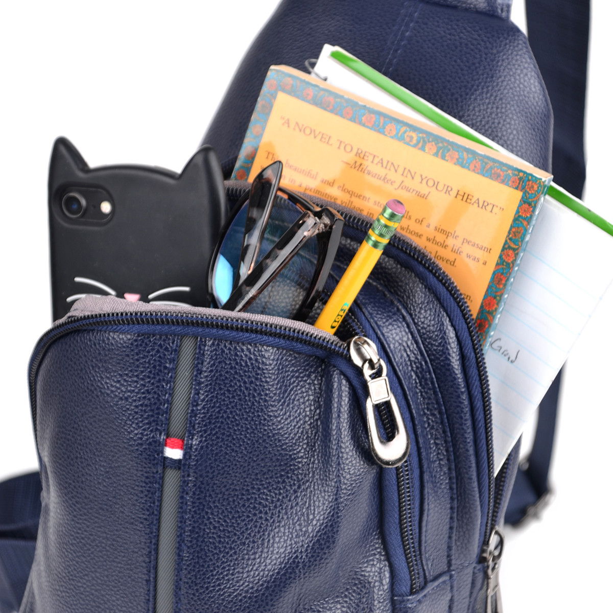 Navy Crossbody Leather Sling Bag Backpack with Adjustable Strap