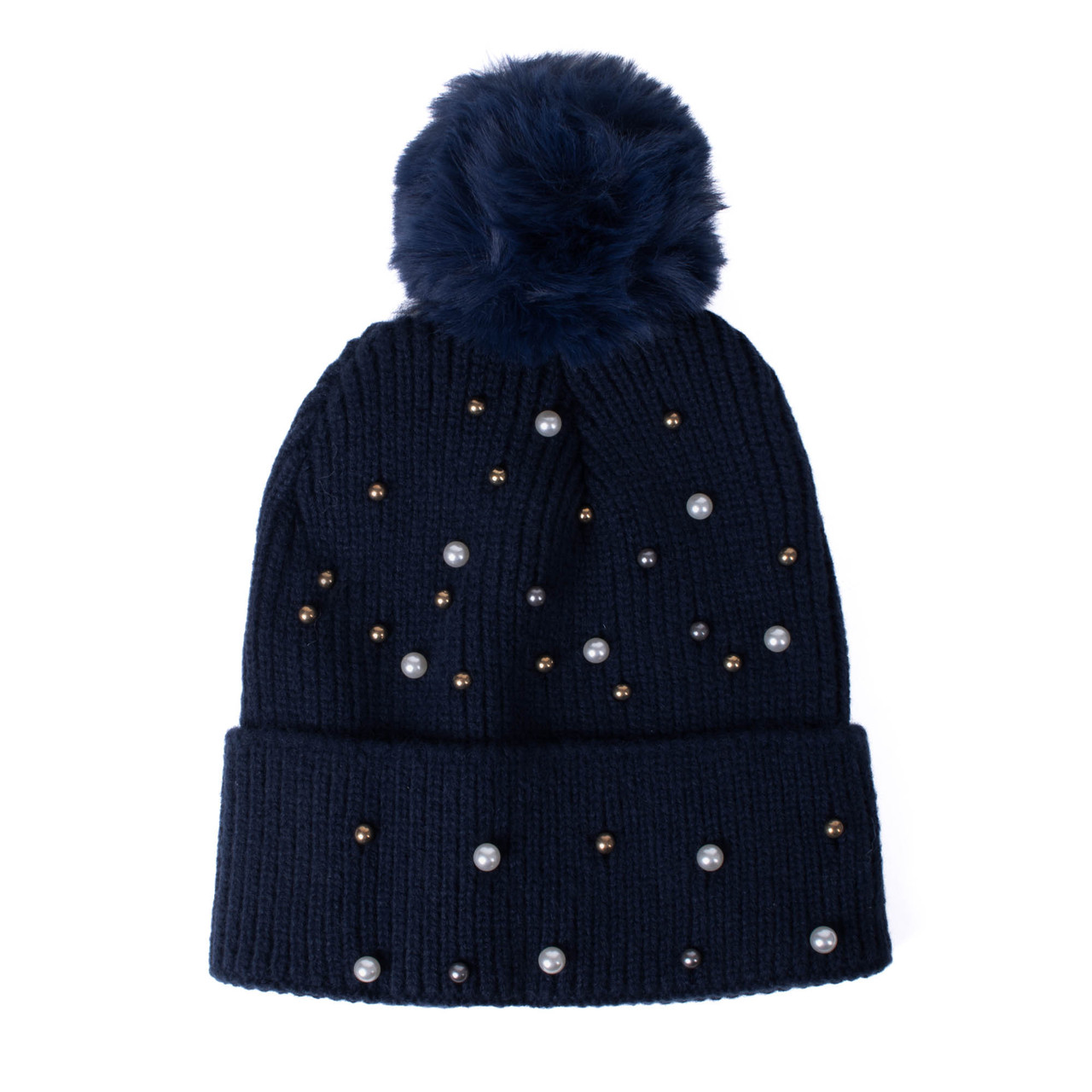 Ladies Winter Knit Hat with Colorful Pearls and Pom 100% Acrylic-LKH5040 Black