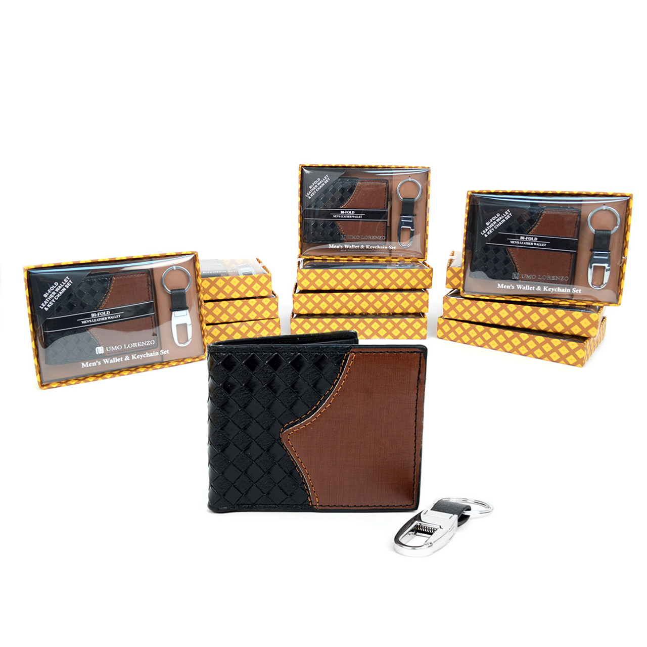 12pc Black Woven Leather Wallet with Stitched Trim & Keychain Set WKB17101