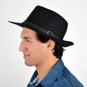 Fall/Winter Wide Brim Black Trilby Fedora Hat with Black Belt Trim - H1805263 Fall/Winter Wide Brim Black Trilby Fedora Hat with Black Belt Trim - H1805263