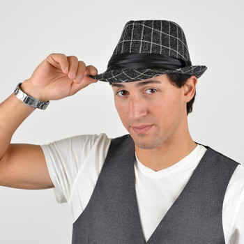 Fall/Winter Plaid Trilby Fedora Hat with Black Band Trim - H1805021 Fall/Winter Plaid Trilby Fedora Hat with Black Band Trim - H1805021