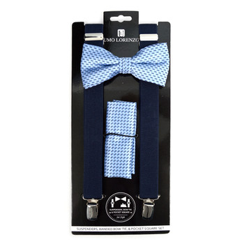 3pc Men's Navy Clip-on Suspenders, Striped Bow Tie & Hanky Sets