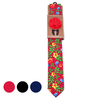 Men's Bright Floral Cotton Skinny Tie w/ Hanky and Flower Lapel Pin - CTHL1707 Men's Bright Floral Cotton Skinny Tie w/ Hanky and Flower Lapel Pin - CTHL1707