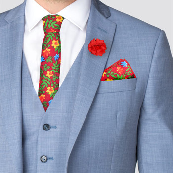 Men's Bright Floral Cotton Skinny Tie w/ Hanky and Flower Lapel Pin - CTHL1707 Men's Bright Floral Cotton Skinny Tie w/ Hanky and Flower Lapel Pin - CTHL1707