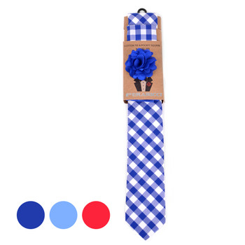 Men's Checkered Cotton Skinny Tie w/ Hanky and Flower Lapel Pin - CTHL1701