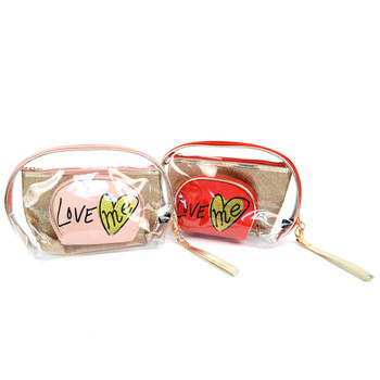 Ladies Clear & LOVE Printed Makeup Bag 3pc Set Cosmetic & Toiletry Bags LNCTB1706-LP