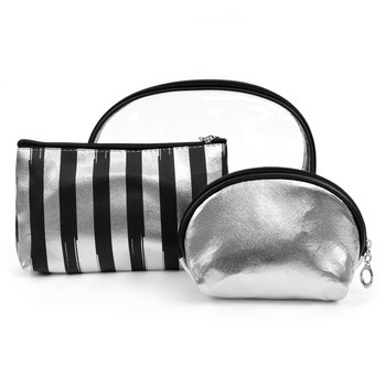 Ladies Clear & Striped Makeup Bag 3pc Set Cosmetic & Toiletry Bags LNCTB1706-ST