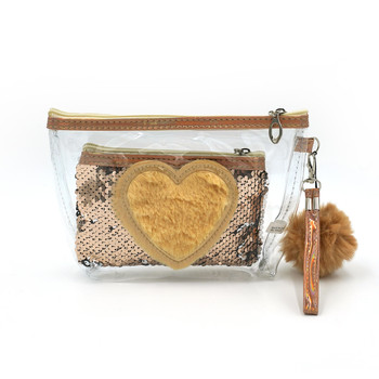 2 Pc Yellow Sequin Heart Cosmetic Bag Set-LNCTB1739