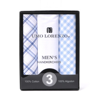  3pcs Men's Cotton Solid & Plaid  Blue Handkerchiefs box - MFB1754