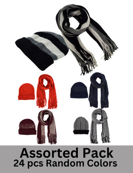 24 Pcs Random Assorted Men's Winter Knit Striped Scarf and Hat Set - ASCS-ASST 24 Pcs Random Assorted Men's Winter Knit Striped Scarf and Hat Set - ASCS-ASST
