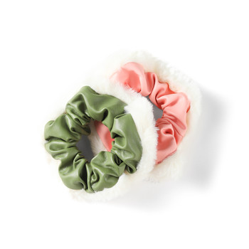 2pc Faux Leather and Fur Scrunchie Set (Pink/Olive) - 2SHS-PU-3