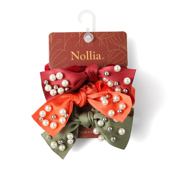 3pc Set- Shiny Velvet Scrunchie w/ Pearl Ribbon - 3SHS-BOW-5