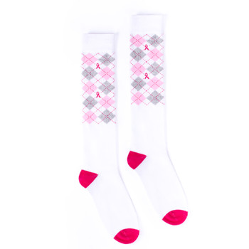 Ladies Knee High Breast Cancer Awareness Argyle Socks-LNVS2005-WHT Ladies Knee High Breast Cancer Awareness Argyle Socks-LNVS2005-WHT