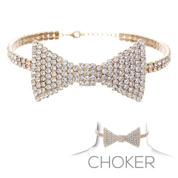 Gold Rhinestone Bowtie Choker - 16030CR-G