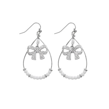 Silver Bow Pearl Teardrop Earrings - 28629WH-R