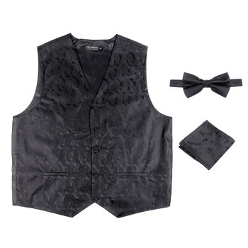6-Packs Men's Black Waves Pattern Polyester Vests, bowtie - PMV47-BK
