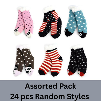 24 Pc Assorted Girl's Plush Fleece Lined Sherpa Slipper Socks - GWFLS-24pk
