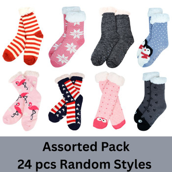 24pc Assorted Women's Plush Fleece Lined Sherpa Slipper Socks - WFLS-24pk