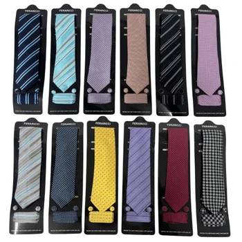 12pc Assorted Pack Poly Neat Woven Tie, Hanky and Matching Cufflinks Set - THCC/ASST