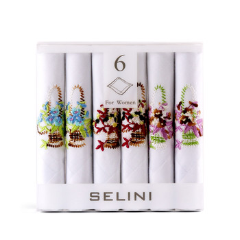 Women's Embroidered Flower-Baskets Cotton Handkerchiefs 6pc Box Set WEH6604 Women's Embroidered Flower-Baskets Cotton Handkerchiefs 6pc Box Set WEH6604