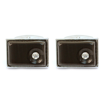 Silver-tone Crystal Black Stone Rectangle Brass Cufflinks