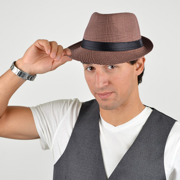 Fall/Winter Hounds Tooth Brown Trilby Fedora Hat with Band Trim - H10335N