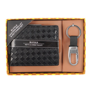 12pc Black Woven Leather Wallet & Keychain Set WKB17103