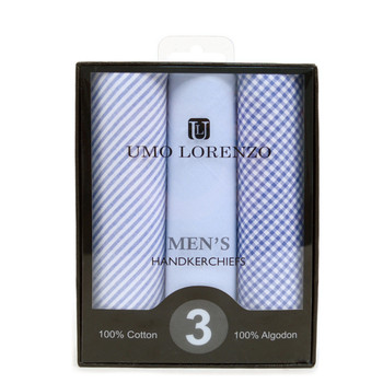 Boxed Men's Cotton Solid, Striped & Plaid Blue Handkerchiefs 3pcs Set - MFB1733