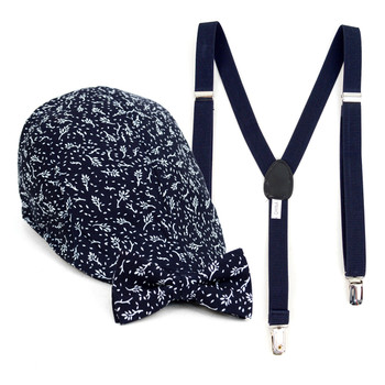 Boy's Navy Clip-on Suspender, Botanical Pattern Ivy Hat & Matching Bow Tie Set (BSBIV0807H3-3)