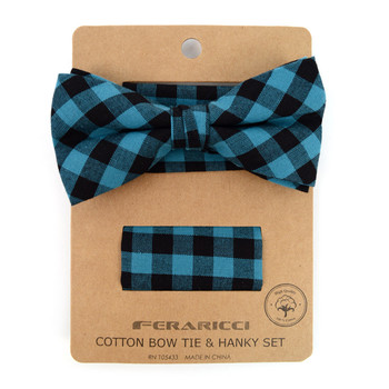 Men's Turquoise Plaid Cotton Bow Tie & Matching Pocket Square - CBTH1714
