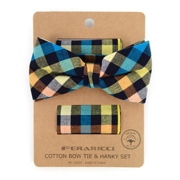 Men's Multi Color Plaid Cotton Bow Tie & Matching Pocket Square - CBTH1726