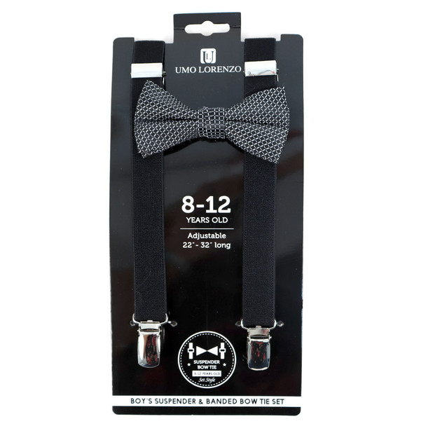 Boy's Black Clip-on Suspender & Plaid Bow Tie Set - BSBS-BK4