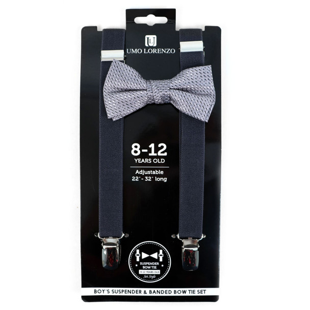 Boy's Gray Clip-on Suspender & Plaid Bow Tie Set - BSBS-GRY2