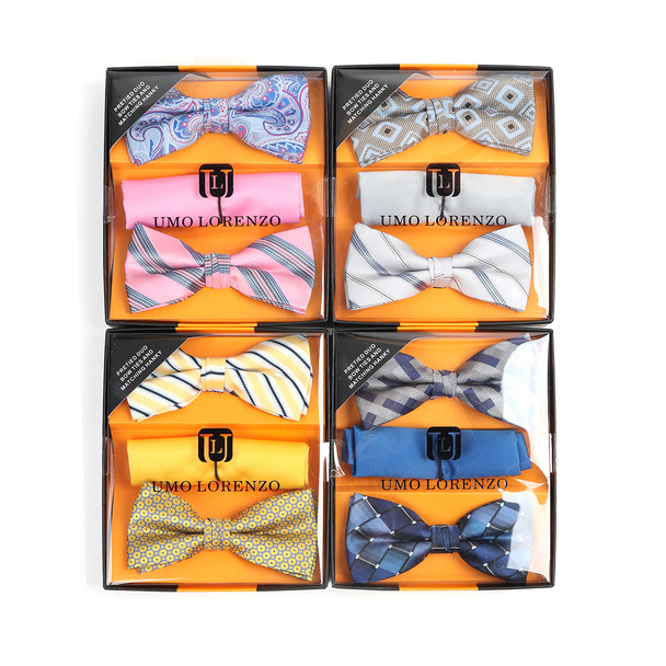 12pc Prepack Assorted Men's Pretied Duo Bow Ties and Matching Hanky BTHB-DUO