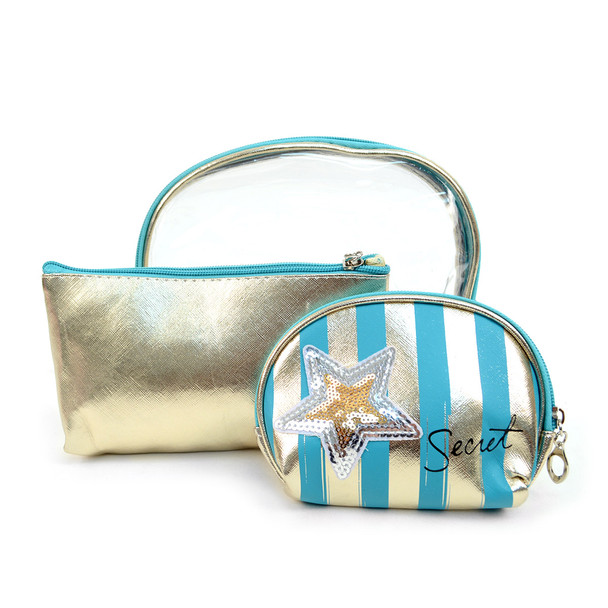 3 Pc Stripe Metallic Heart Cosmetic Bag Set- LNCTB1708