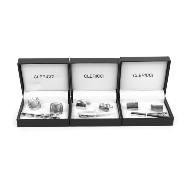 12pc Pack Silver Cufflink and Tie Bar Boxed Set Boxed CTBPRO-SIL2 (Assorted Promotion)