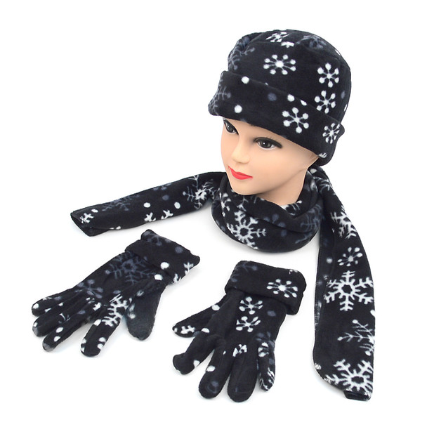 6pc Women's Fleece Snow flakes Black Hat,Scarf,Gloves Winter Set