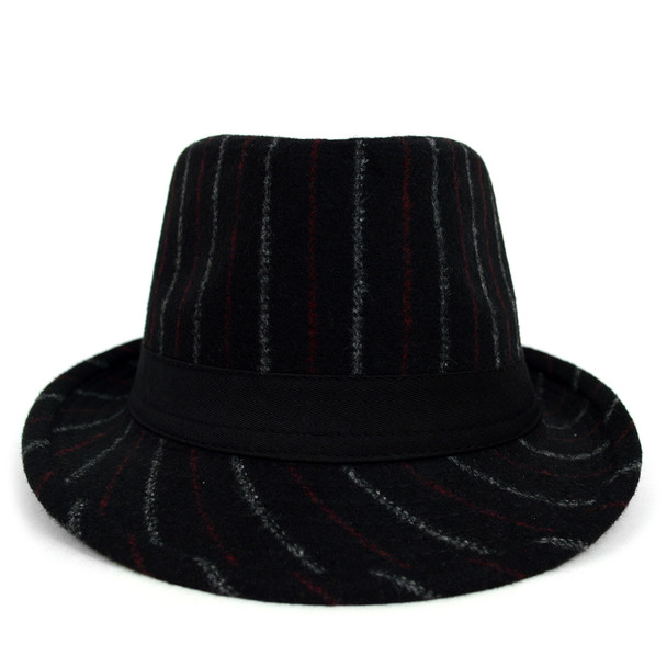 Fall/Winter Black Wool-Type Trilby Fedora Hat with Burgundy & Gray Stripes - H1805258