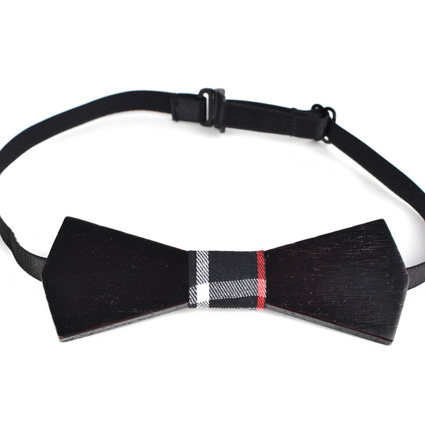 Men's Wooden Bow Tie, Plaid Fabric Centerpiece with Elastic Adjustable Strap - WBT1716