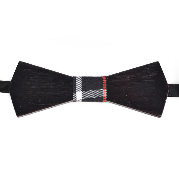 Men's Wooden Bow Tie, Plaid Fabric Centerpiece with Elastic Adjustable Strap - WBT1716