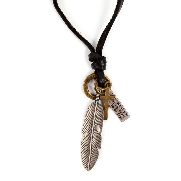 Vintage Unisex Feather Pendant Adjustable Leather Cord Necklace - NVNCK1006