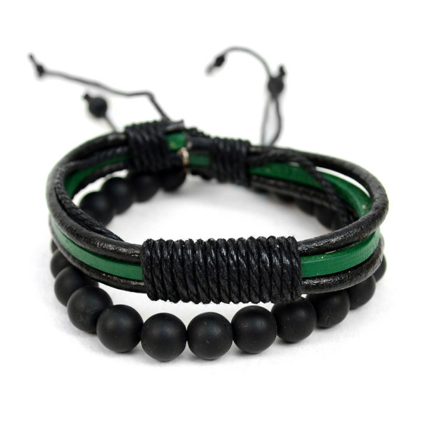 Genuine Leather Green-Black & Natural Stone Two Pieces Bracelet Set for Men - 2BRCLT20