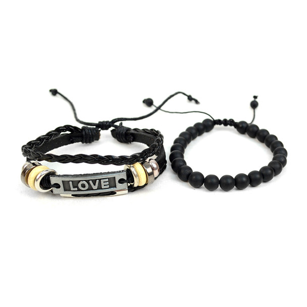 Genuine Leather & Natural Stone "Love" Two Pieces Bracelet Set for Men - 2BRCLT18