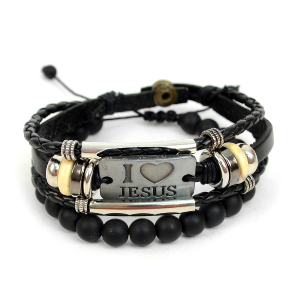 Genuine Leather & Natural Stone "I Love Jesus" Two Pieces Bracelet Set for Men - 2BRCLT06