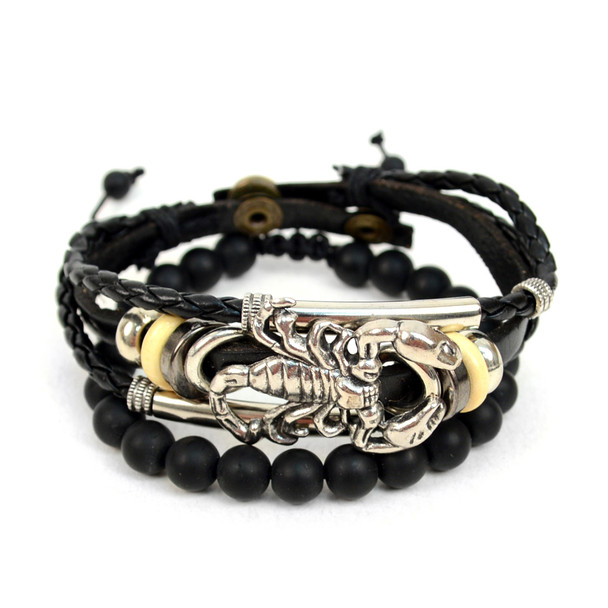 Genuine Leather & Natural Stone "Scorpion" Two Pieces Bracelet Set for Men - 2BRCLT02