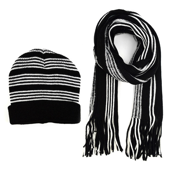 Men's Winter Knit Striped Scarf and Hat Set - ASCS1008