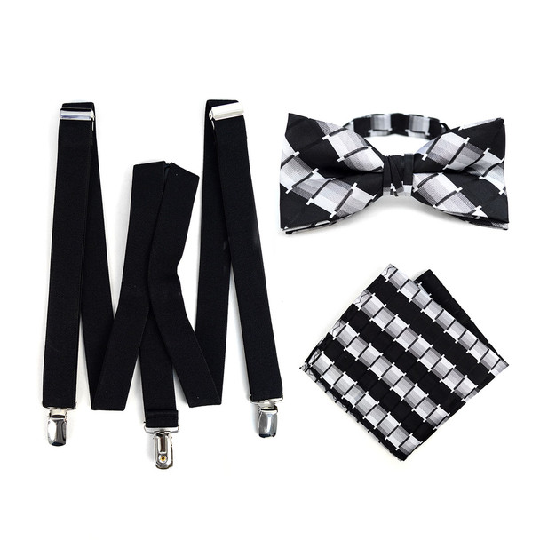 3pc Men's Black Clip-on Suspenders, Bow Tie & Hanky Sets - FYBTHSU-BLK#1